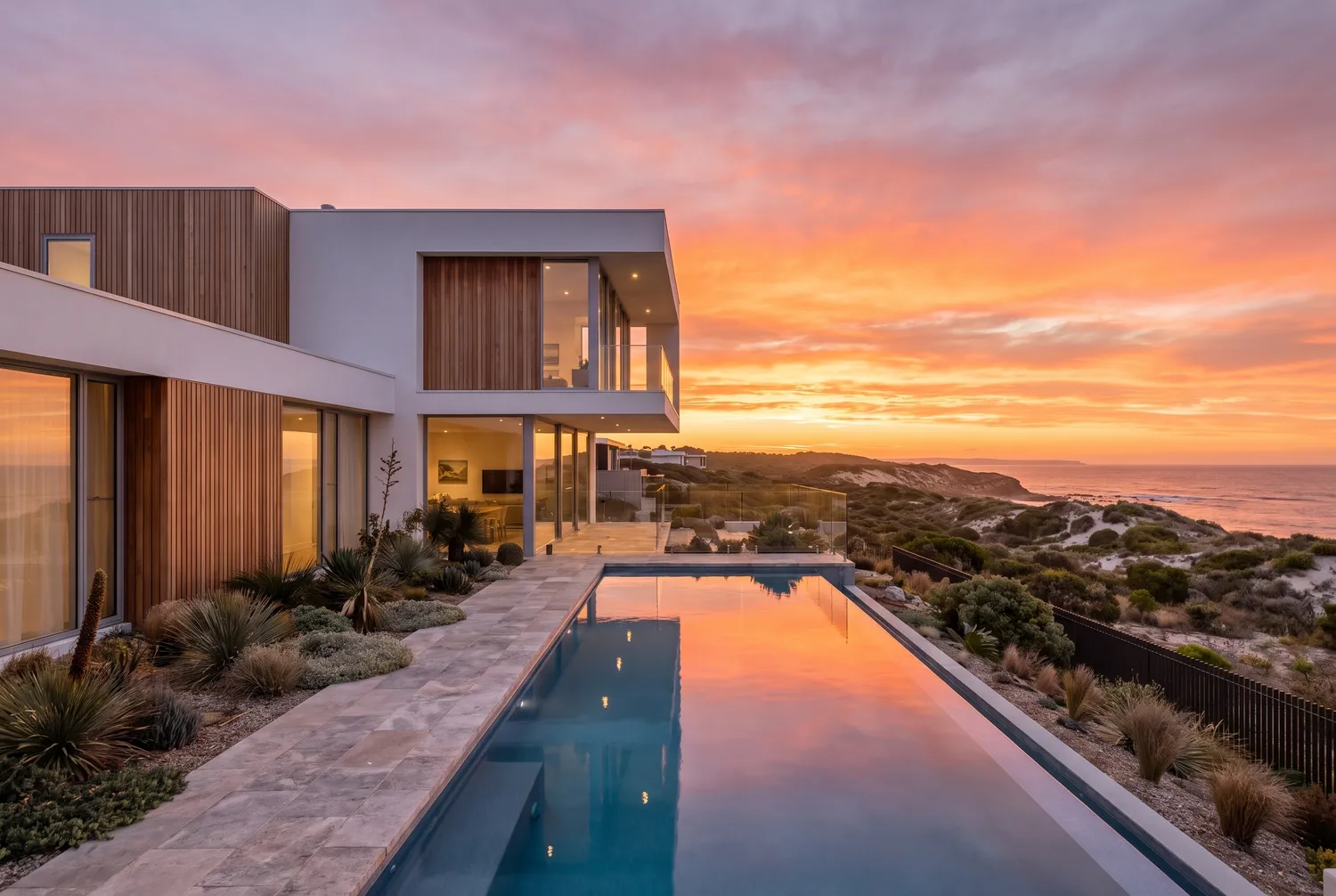 Contemporary beach house facade at 14 Seaview Parade, Terrigal, lit in late afternoon sun